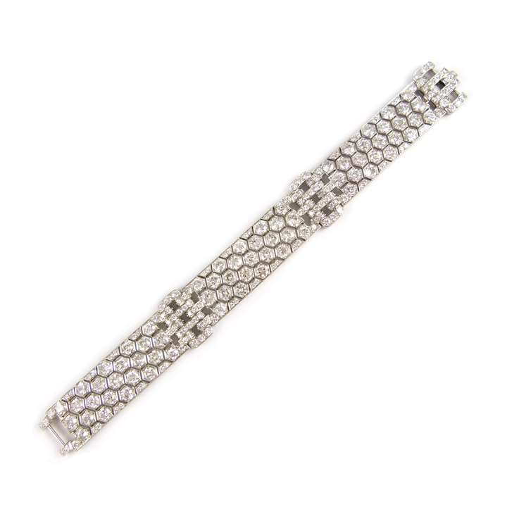 Art Deco articulated diamond strap bracelet with hexagonal lattice by Rene Boivin, French 1937,